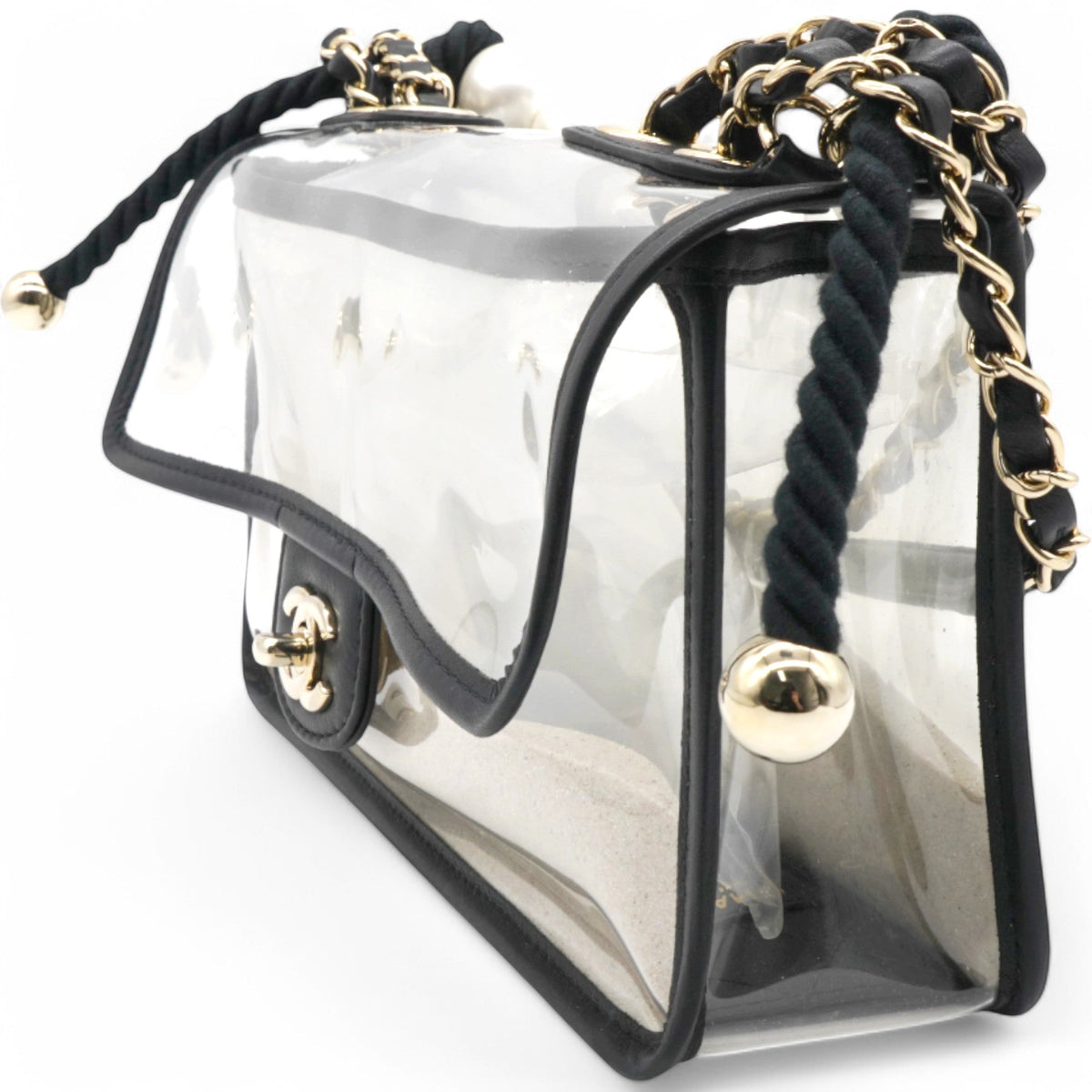 Chanel Lambskin PVC Sand By The Sea Flap With Pearl Strap Black
