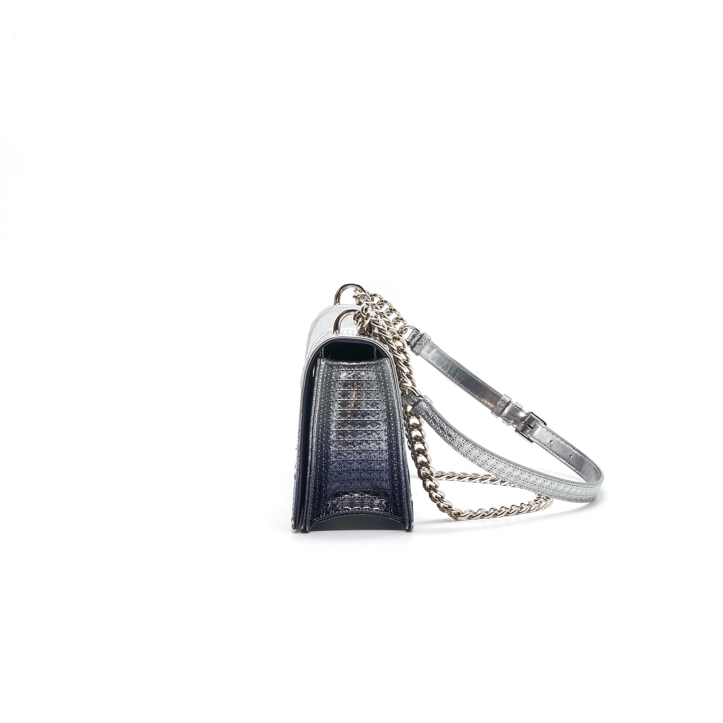 CHRISTIAN DIOR DIORAMA MEDIUM FLAP BAG METALLIC CALFSKIN SILVER AND NAVY
