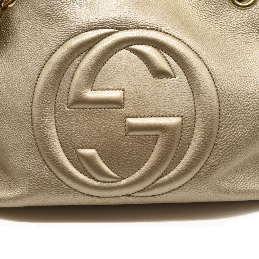Gucci Metallic Pebbled Calfskin Medium Soho Chain Shoulder Bag Golden Beige