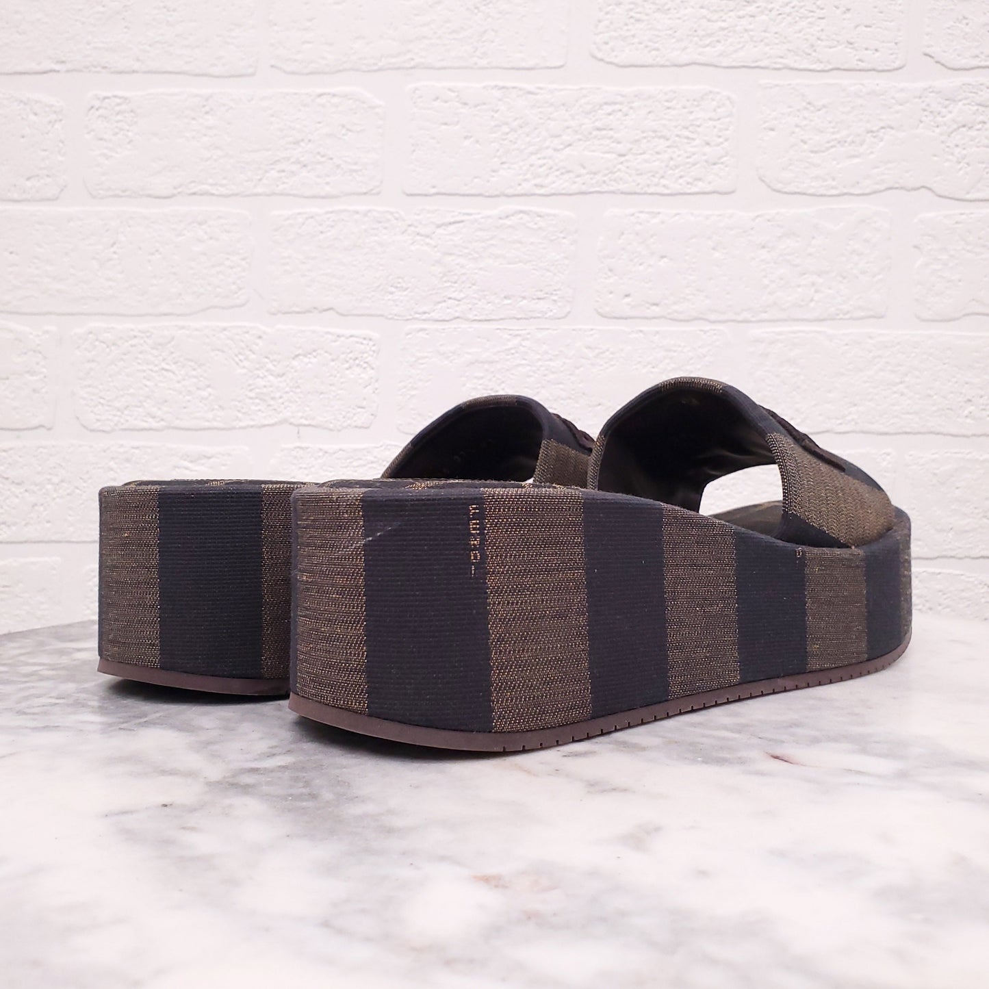 FENDI SUNSHINE FABRIC BROWN LOGO MULES - SIZE 37.5