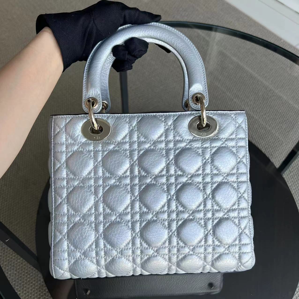 *Flap Open* Dior Lady Medium - Grained Calfskin Metallic Silver Golden Hardware