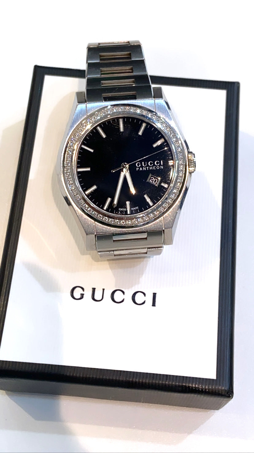 GUCCI 115 PANTHEON STAINLESS STEEL DIAMONDS WATCH