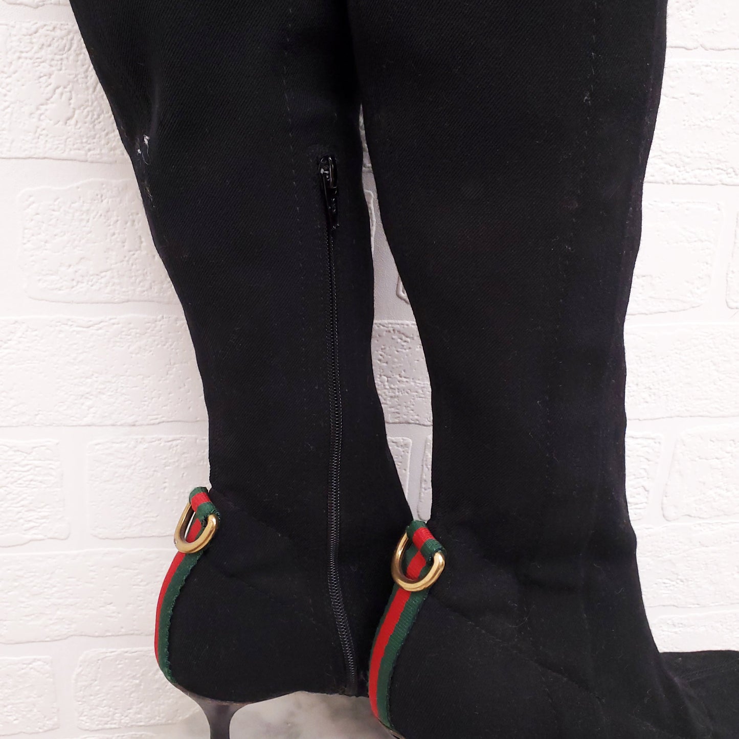 GUCCI VINTAGE BLACK CANVAS BOOTS WITH WEB DETAIL - SIZE 7.5B