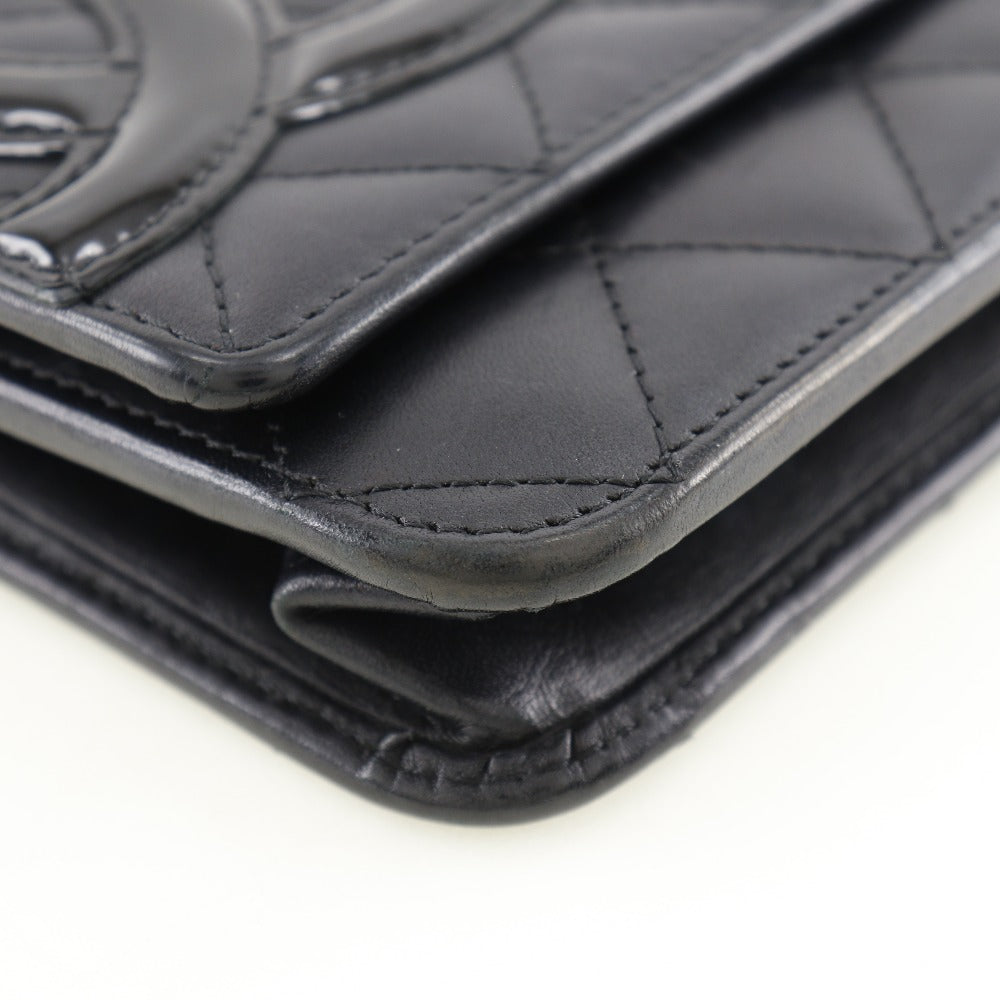 CHANEL Long Wallet Purse A46646 Calfskin, enamel black Cambon line Chain wallet Women Used