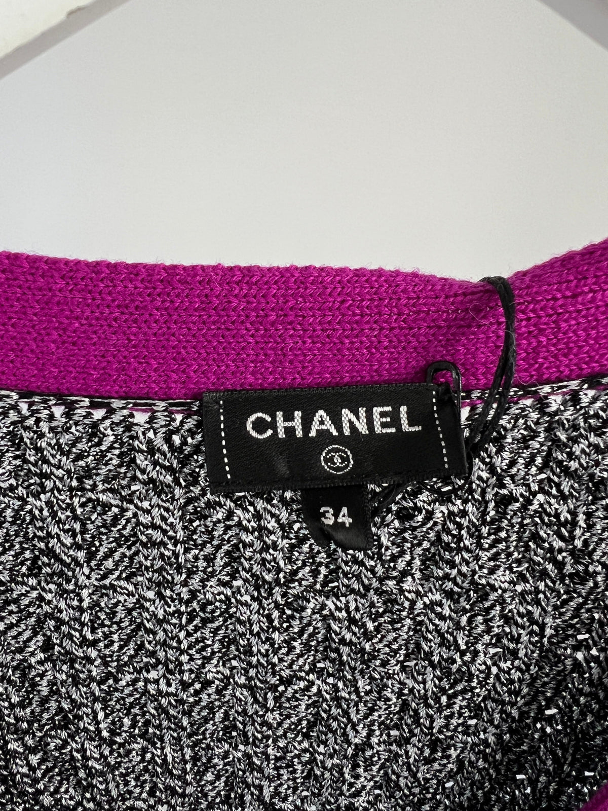 Chanel Metallic Thread Black, White Tweed igan with Purple Trim, Sequin Embellished and Crystal Button Detail Size FR 34 (UK 6)