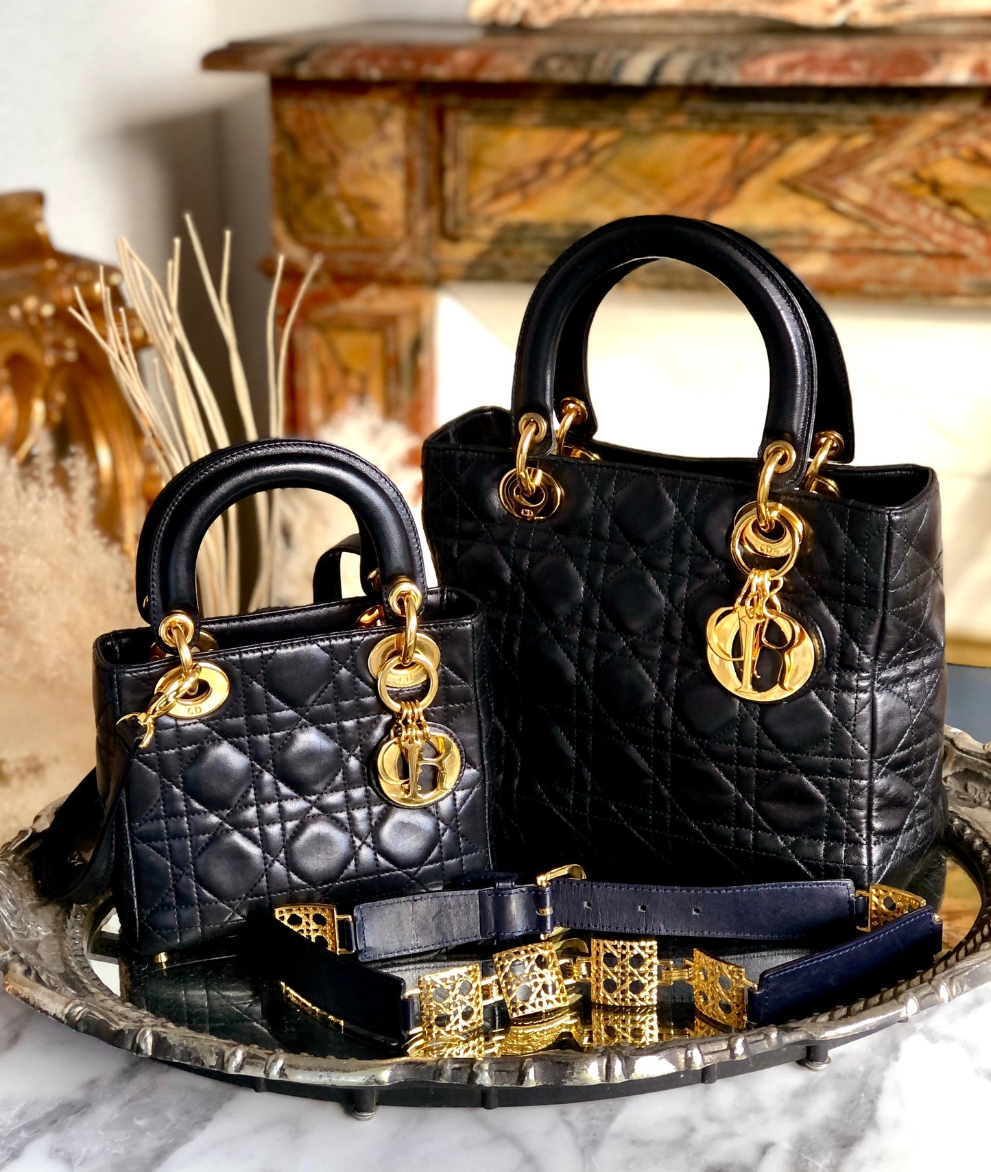 Christian Dior Cannage Lady dior Leather Small Handbag Shoulder bag Black 7tgg5g