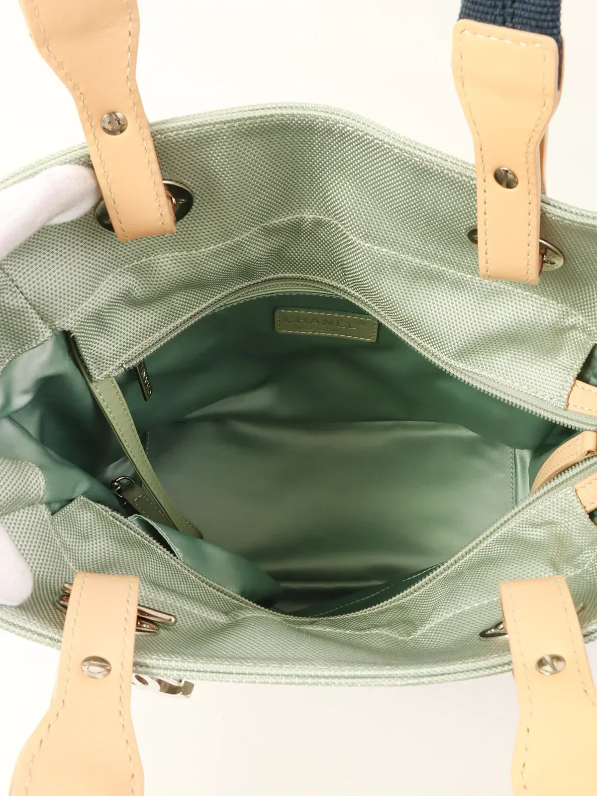 CHANEL Around 2009 Made Paris Biarritz Tote Bag Pm Navy/Sage Green/Beige