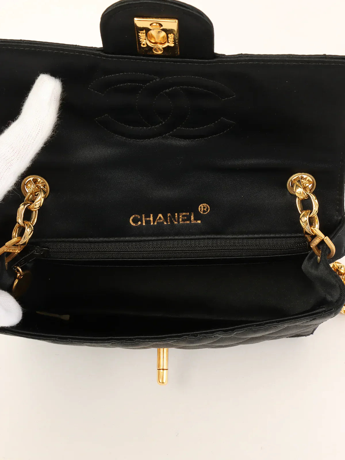 CHANEL Around 1990 Made Silk Satin Classic Flap Bijoux Chain Mini Black