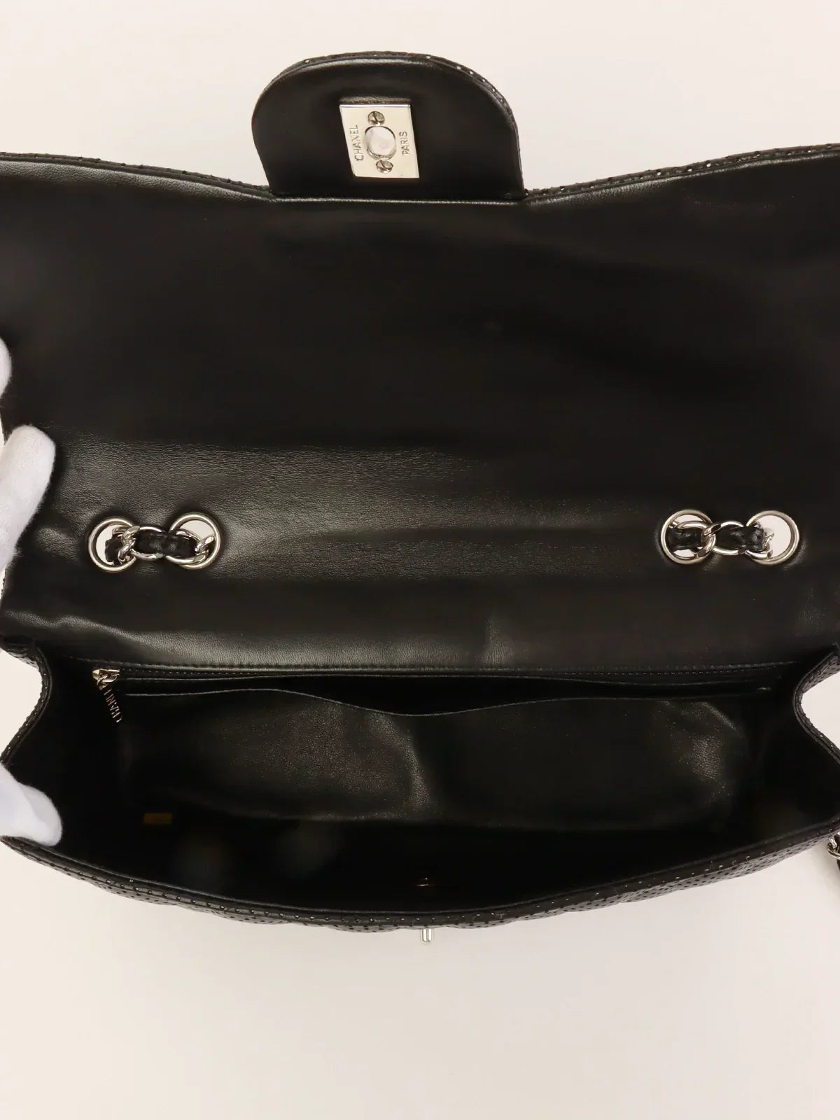 CHANEL Around 2007 Punching Leather Turn-Lock Chain Shoulder Bag Black
