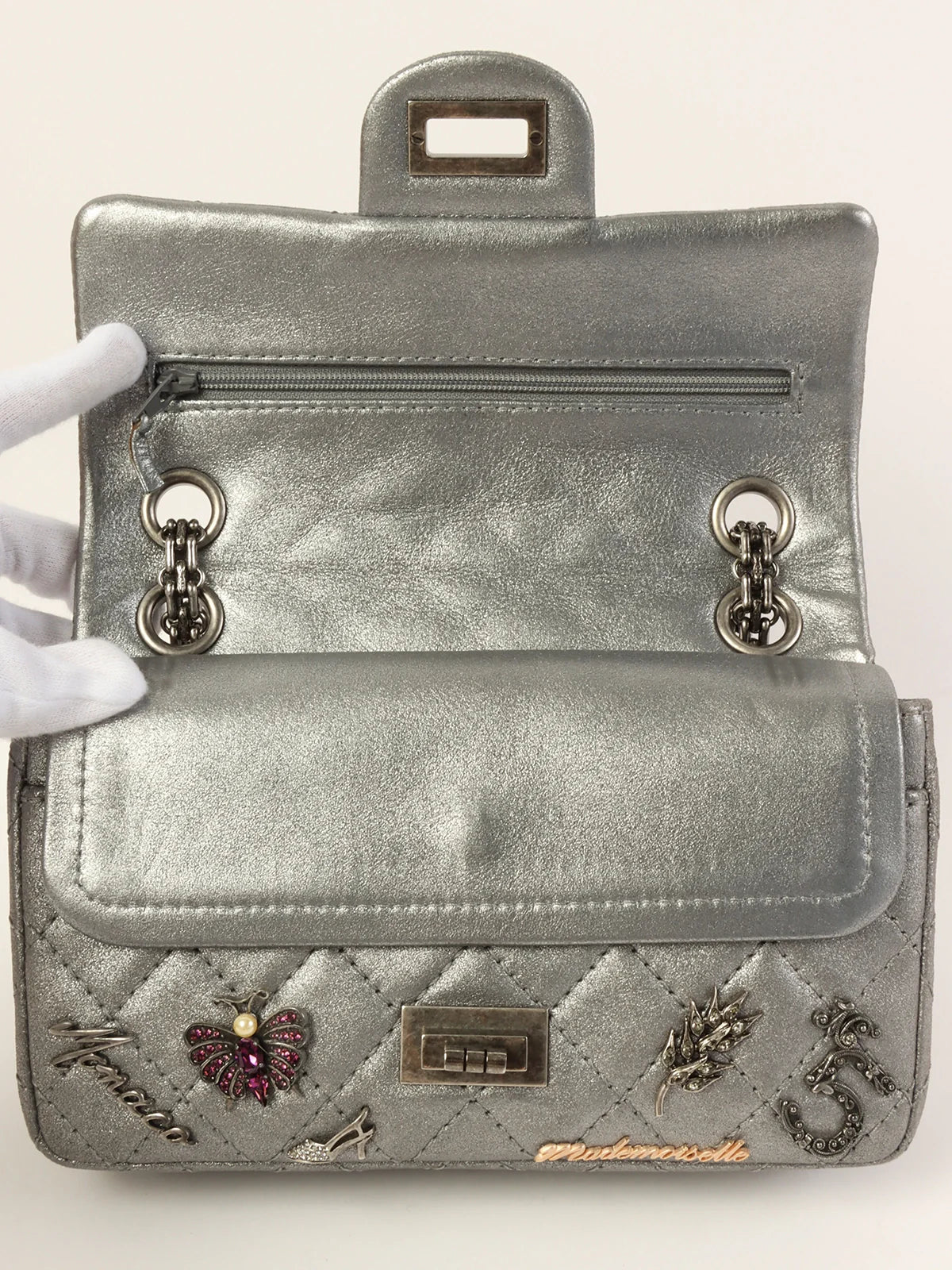 CHANEL Around 2007 Made 2.55 Icon Charm Chain Bag Mini Metallic Silver