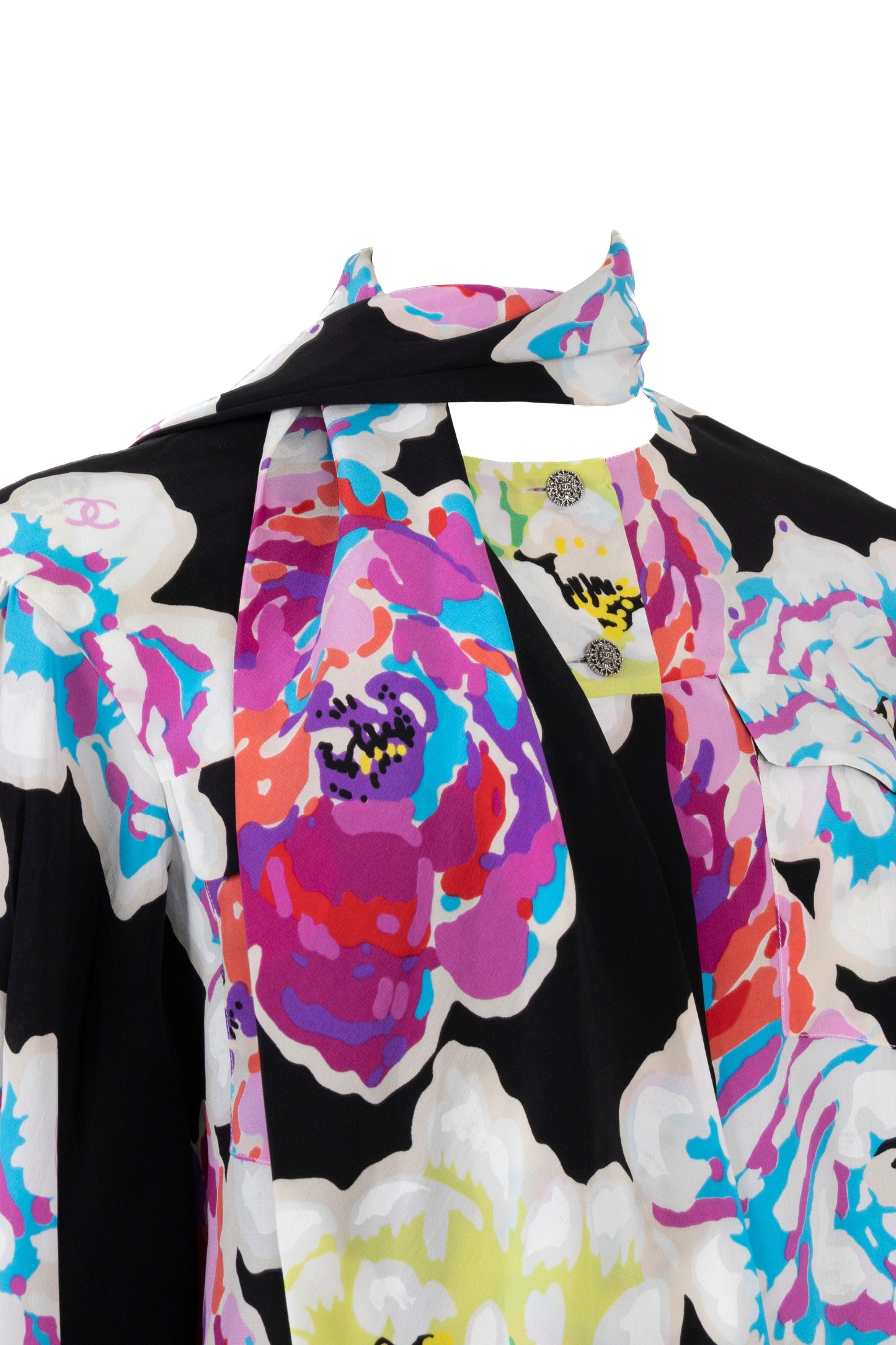 CHANEL 2010 Shawl Collar Camellia Silk Blouse Multicolor