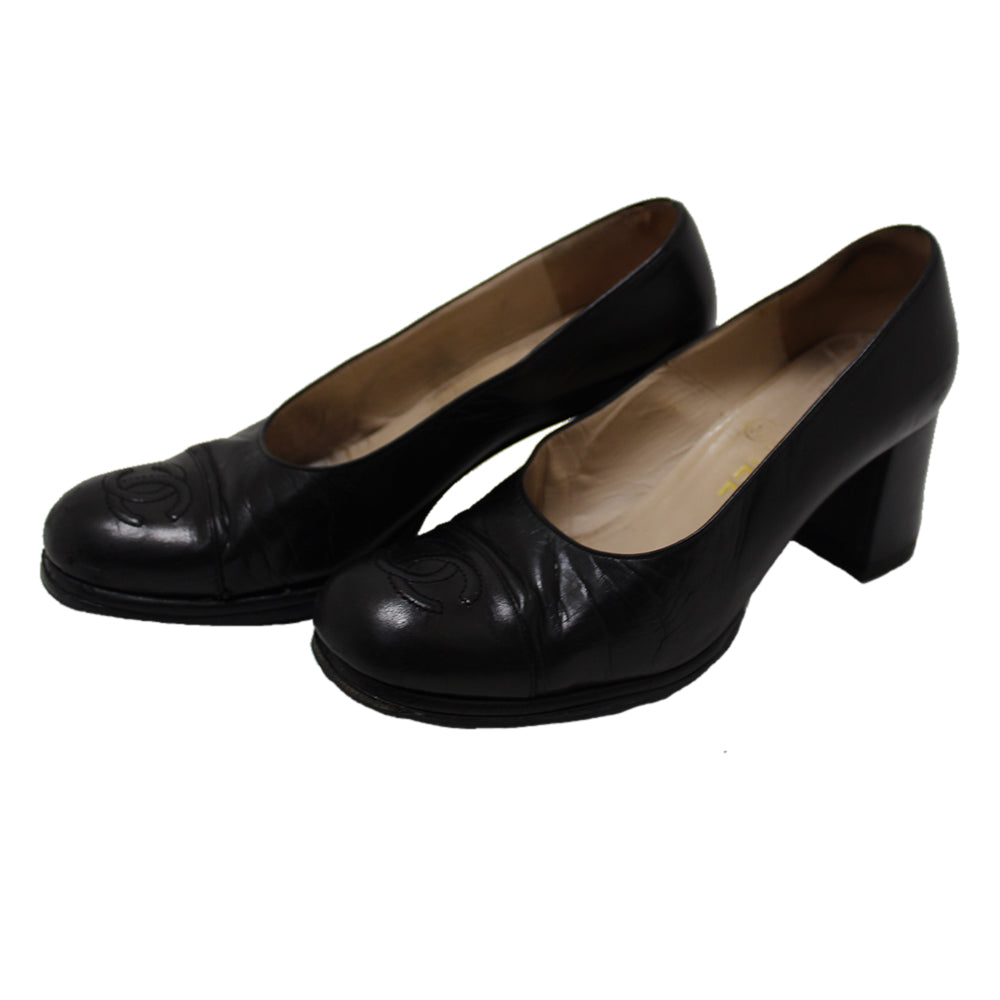 Chanel Black Leather Classic Cap Toe Heels Pumps Shoes Size