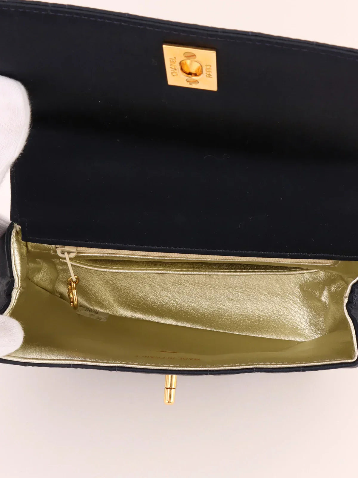 CHANEL Around 1995 Made Silk Satin Turn-Lock Top Handle Bag Navy