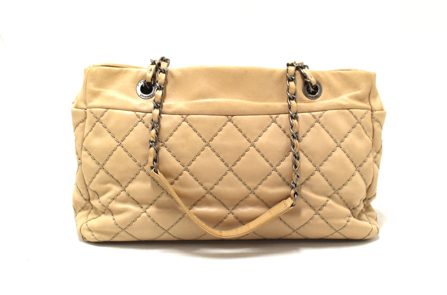 Chanel 31 Rue Cambon Paris Beige Stitched Quilted Lambskin Leather Tote Shoulder Bag