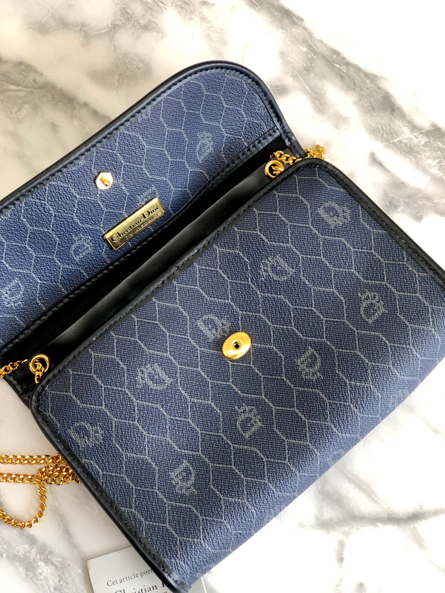 Christian Dior Logo Honeycomb Pattern Chain Crossbody Shoulderbag Navy Vintage Old pza5rt