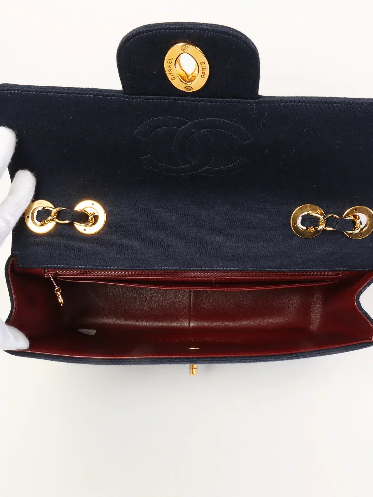 CHANEL Around 1995 Made Jersey Straight Flap Chain Bag Jumbo Navy