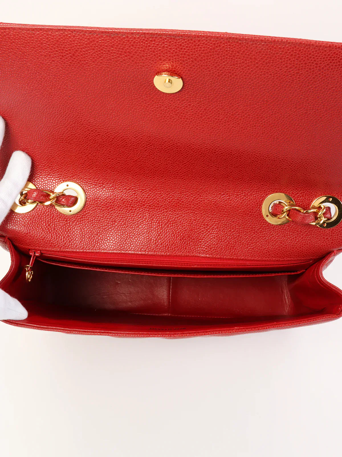 CHANEL Around 1995 Made Caviar Skin Mademoiselle Stitch Cc Mark Chain Top Handle Bag Red