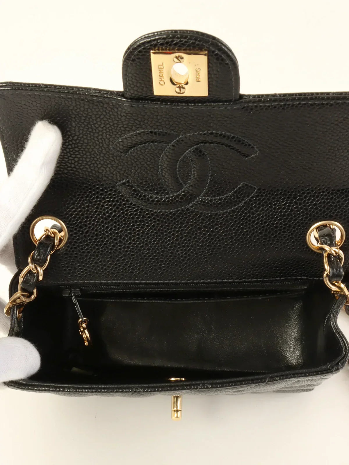 CHANEL Around 2003 Made Caviar Skin Classic Flap Chain Bag Mini Black