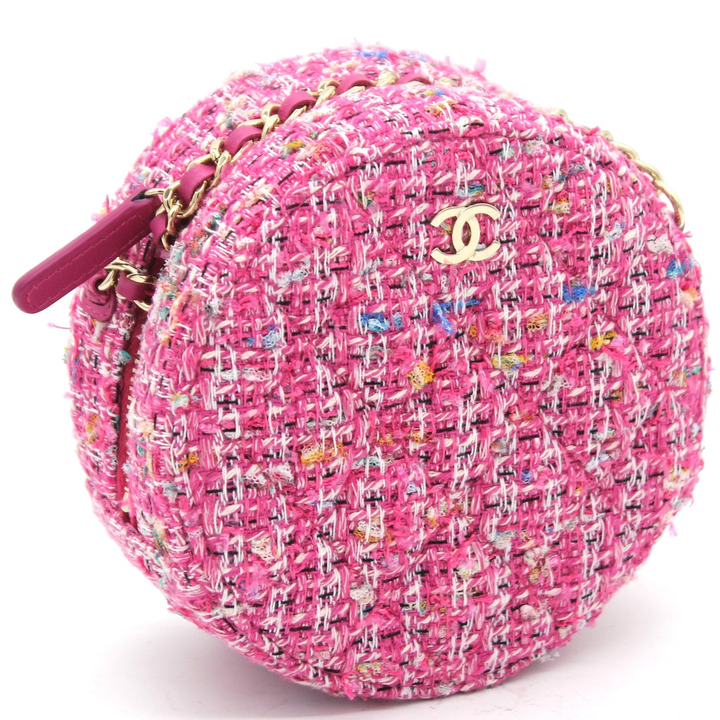 Chanel CC Tweed Fabric Round Clutch With Chain