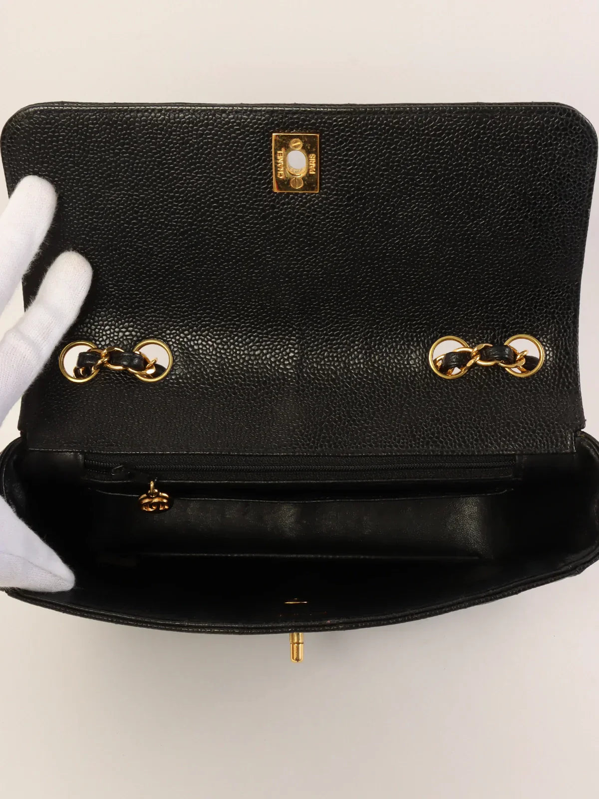 CHANEL Around 1995 Made Caviar Skin Mademoiselle Stitch Turn-Lock Chain Bag Black