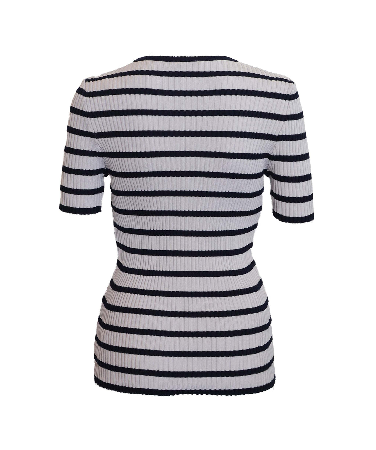 Chanel Mini Coco Striped Ribbed Cotton Blue Naby Short Sleeve Top Size 44 DXBS3687