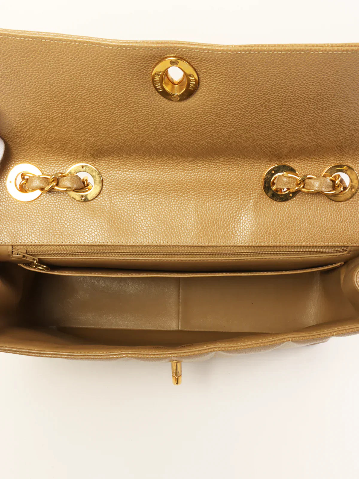 CHANEL Around 1995 Made Caviar Skin Mademoiselle Stitch Turn-Lock Chain Bag Mocha Beige