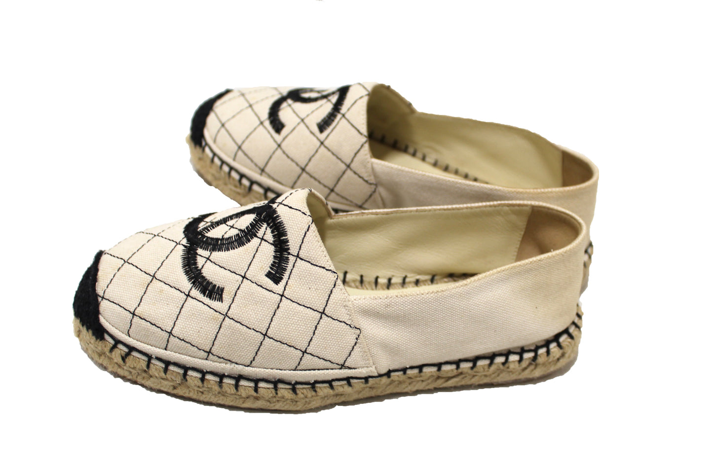Chanel Beige Black Canvas Stitched Espadrilles Shoes Size 35