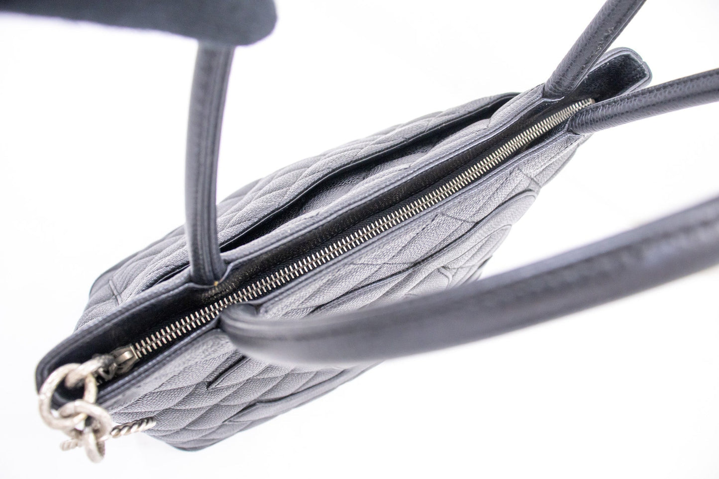 CHANEL Silver Medallion Caviar Shoulder Bag Shopping Tote Black