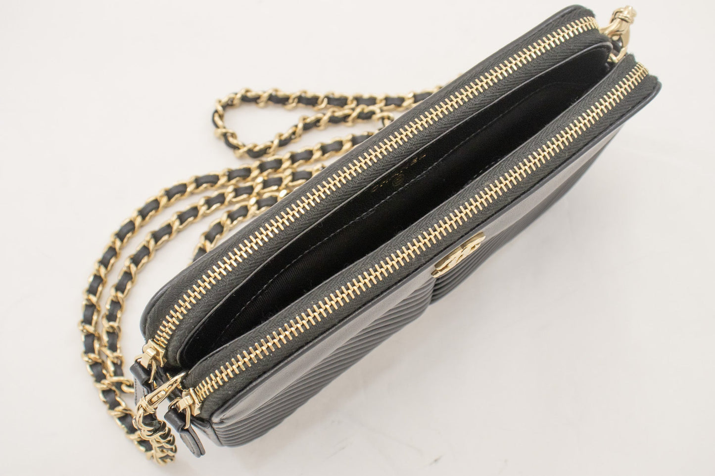 CHANEL V-Stitch Lambskin Wallet On Chain WOC Double Zip Chain Bag
