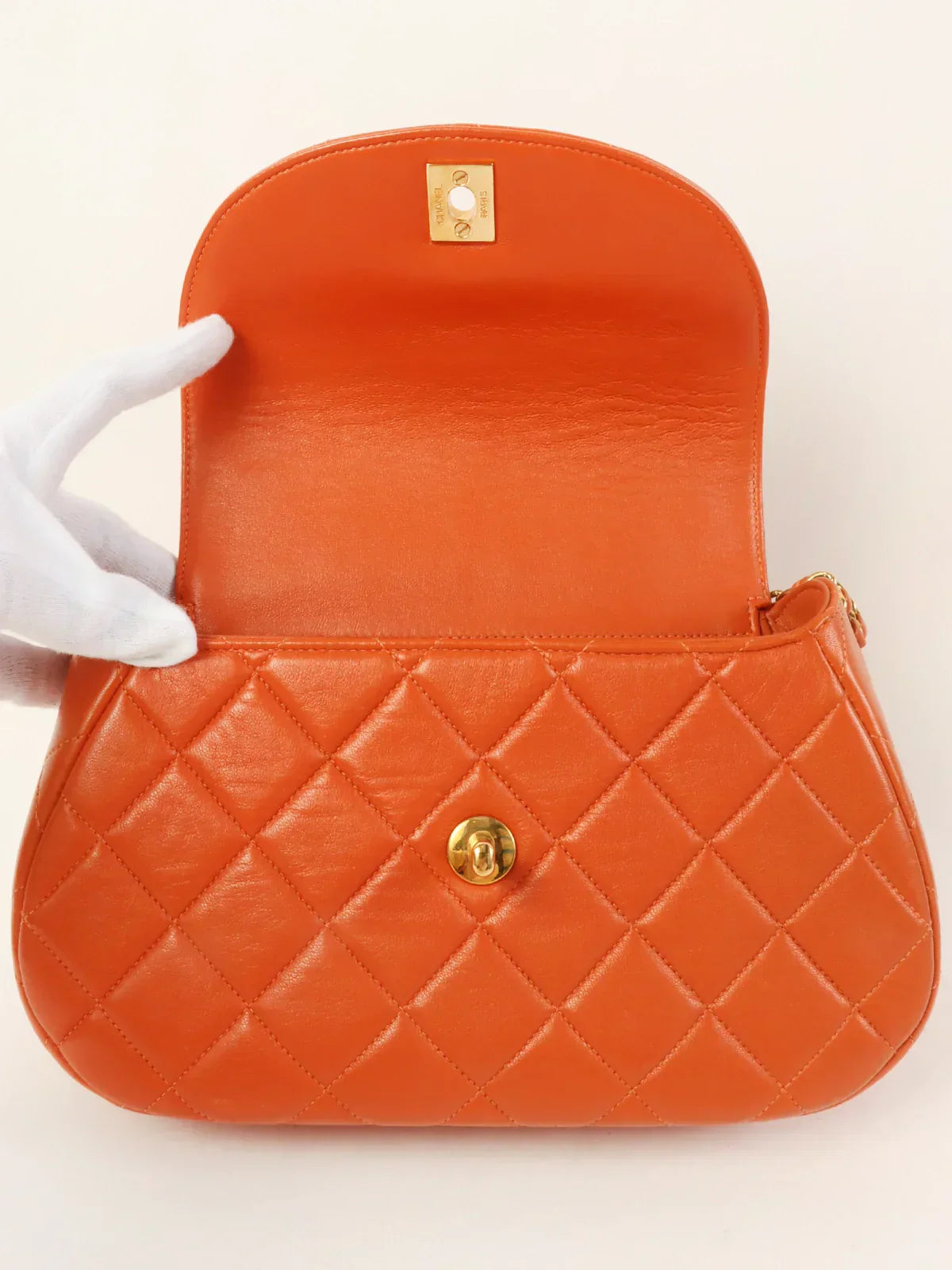 CHANEL Around 1997 Made Turn-Lock Top Handle Bag Orange