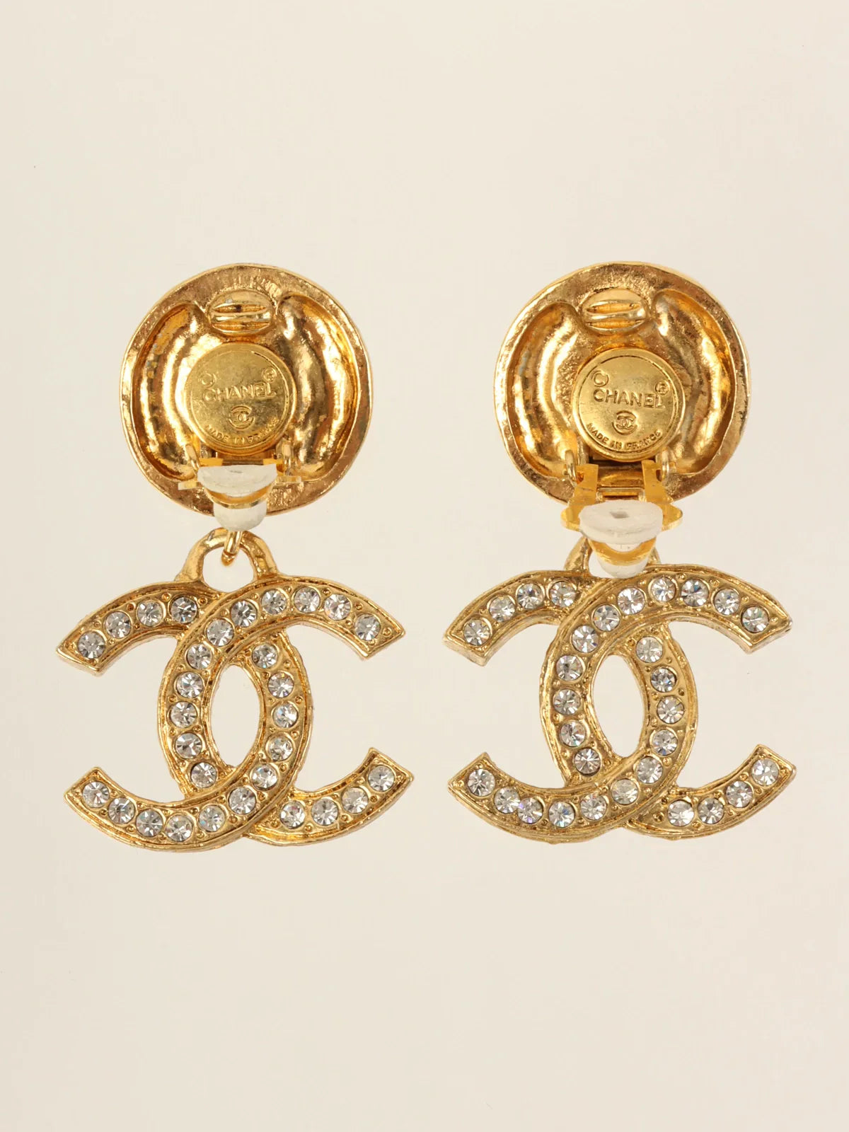 CHANEL Rhinestone Cc Mark Swing Earrings Gold
