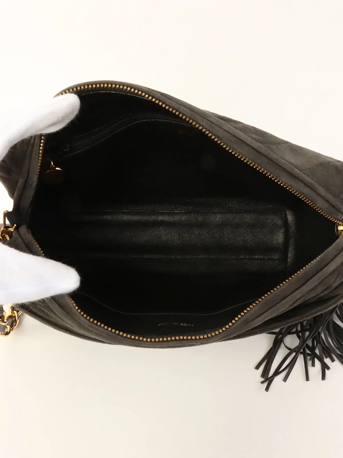 CHANEL Around 1995 Made Suede Cc Mark Stitch Tassel Chain Shouder Bag Gray