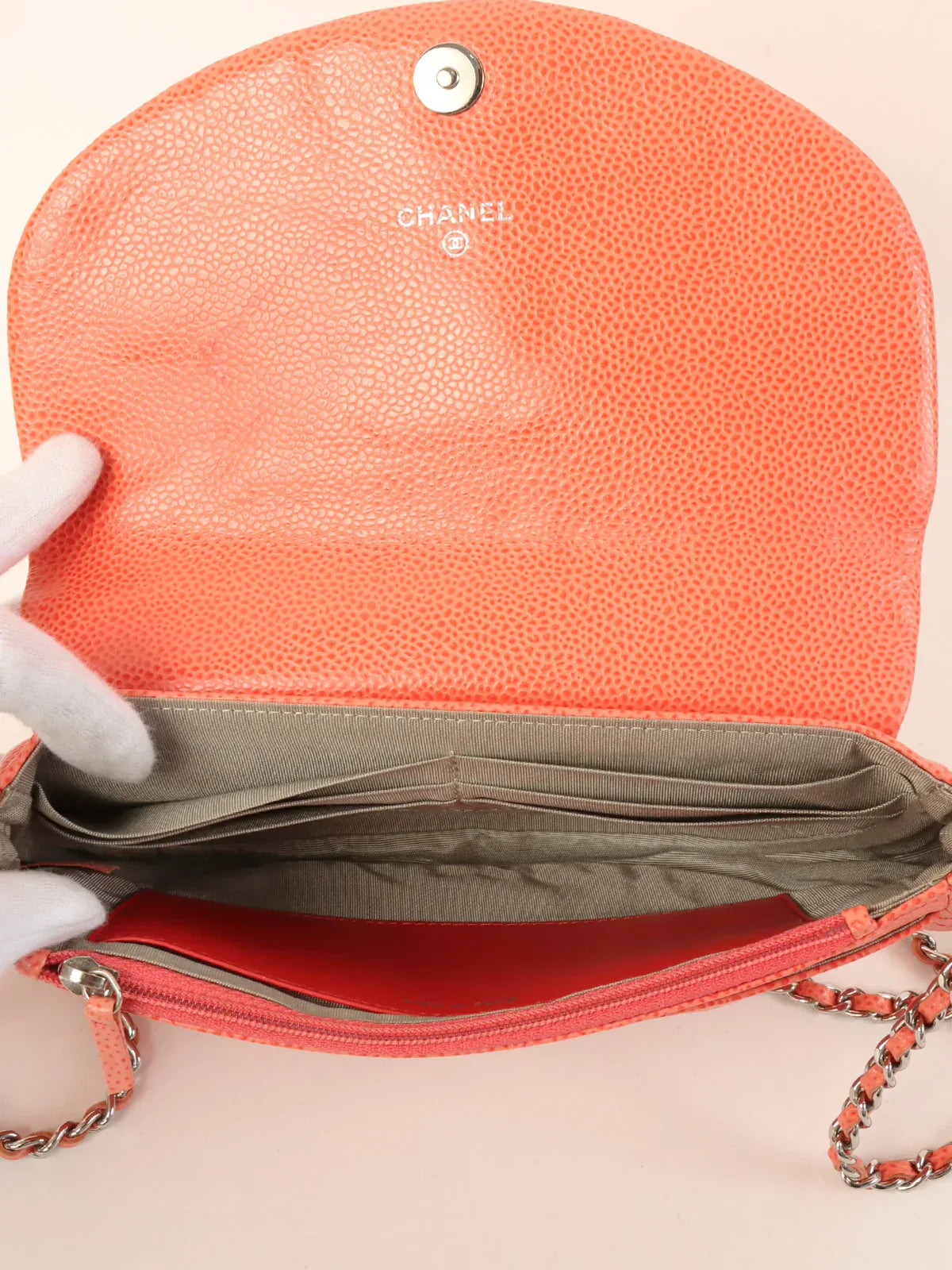 CHANEL Around 2014 Made Caviar Skin Cc Mark Stitch Wallet On Chain Salmon Pink