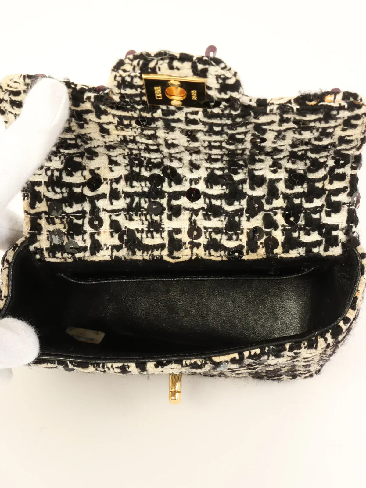 CHANEL Around 1992 Made Tweed Sequin Classic Flap Top Handle Bag Mini Black/White
