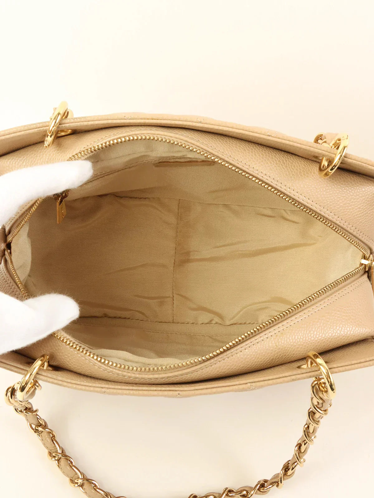 CHANEL Around 2001 Made Caviar Skin Cc Mark Stitch Chain Tote Bag Greige