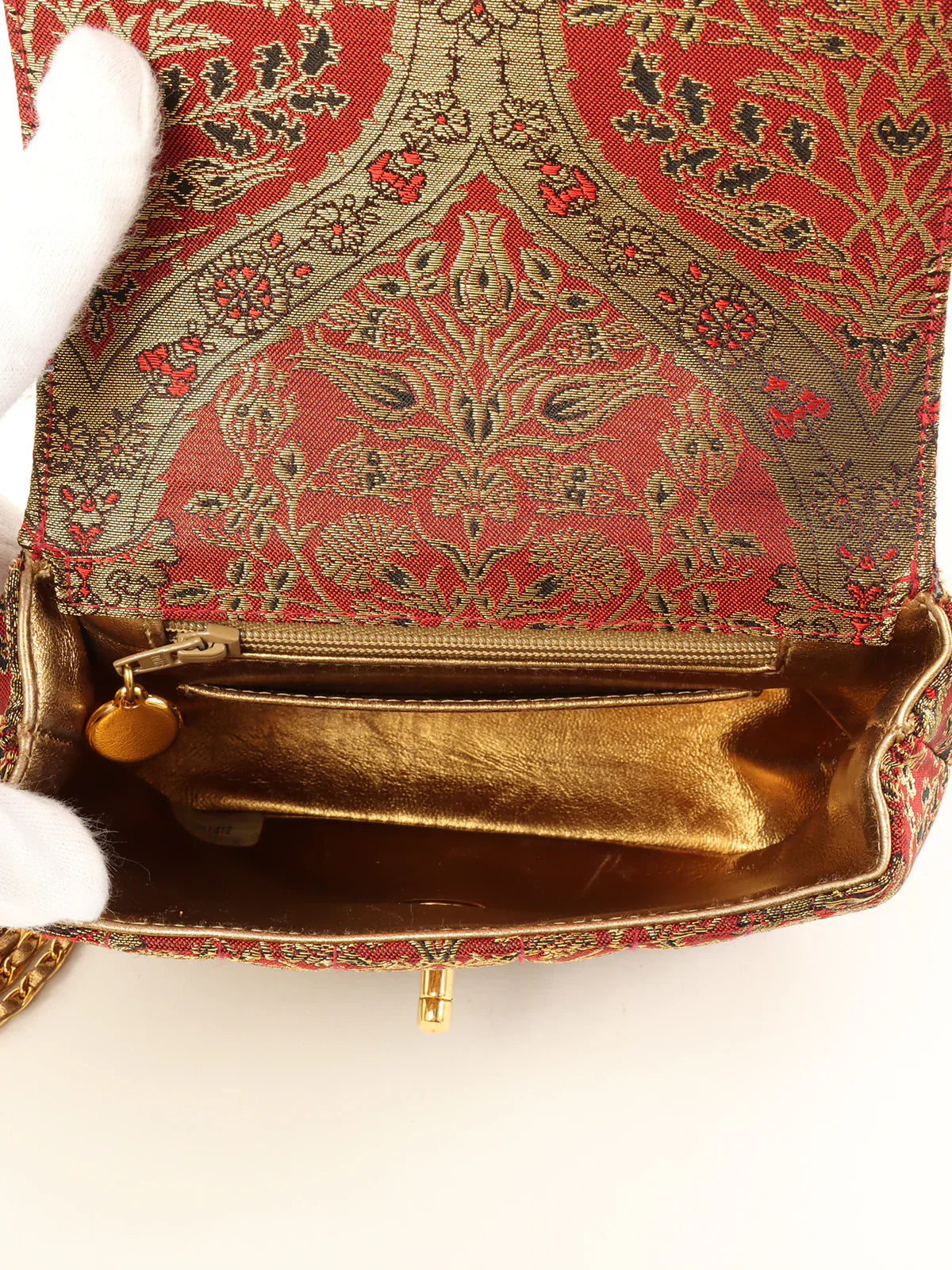 CHANEL Around 1995 Made Nishijin Textile Turn-Lock Mini Chain Bag Red/Gold