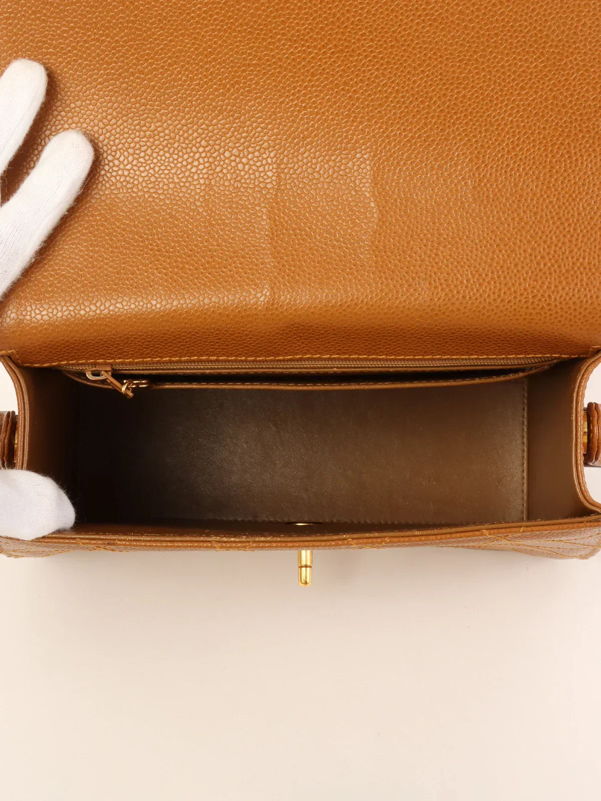 CHANEL Around 1998 Made Caviar Skin Turn-Lock Shoulder Bag Camel