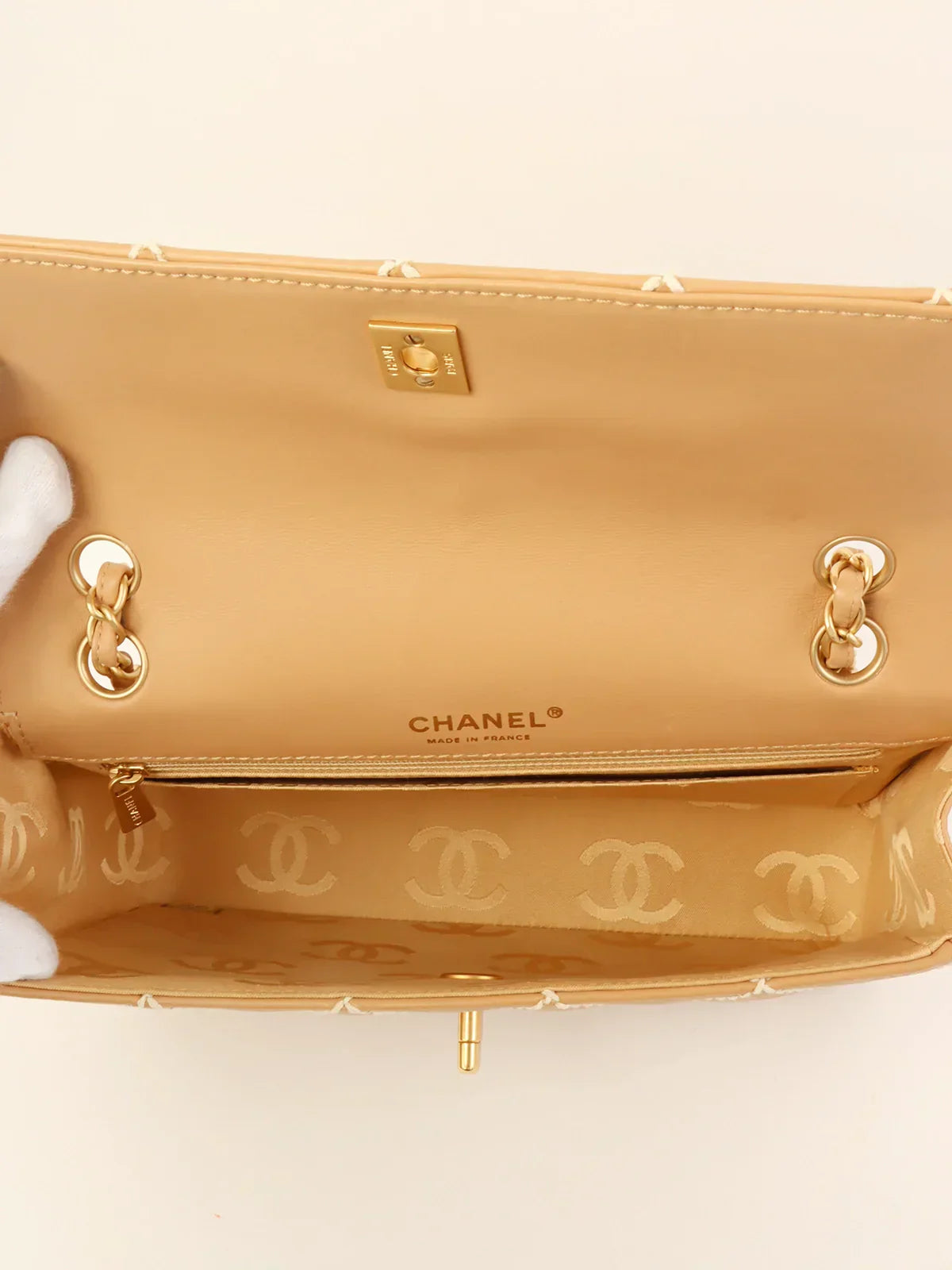 CHANEL Around 2003 Made Wild Stitch Turn-Lock Chain Bag Beige