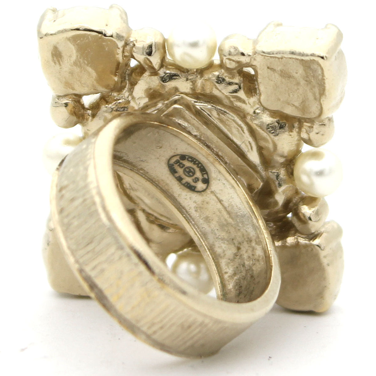 Chanel Pale Gold Tone Faux Pearl CC Ring 52