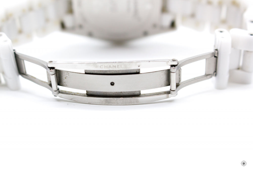 Chanel H J Chronograph Watch MM Diamond Indicators White Stainless Steel Watches