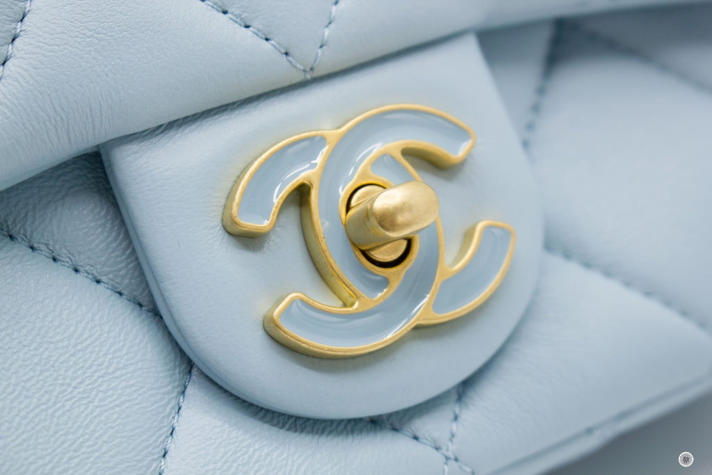 Chanel AS3113B07634 Mini Flap Bag With Enamel And Gold Tone Metal Baby Blue NG752 Calfskin Shoulder Bags Gbhw
