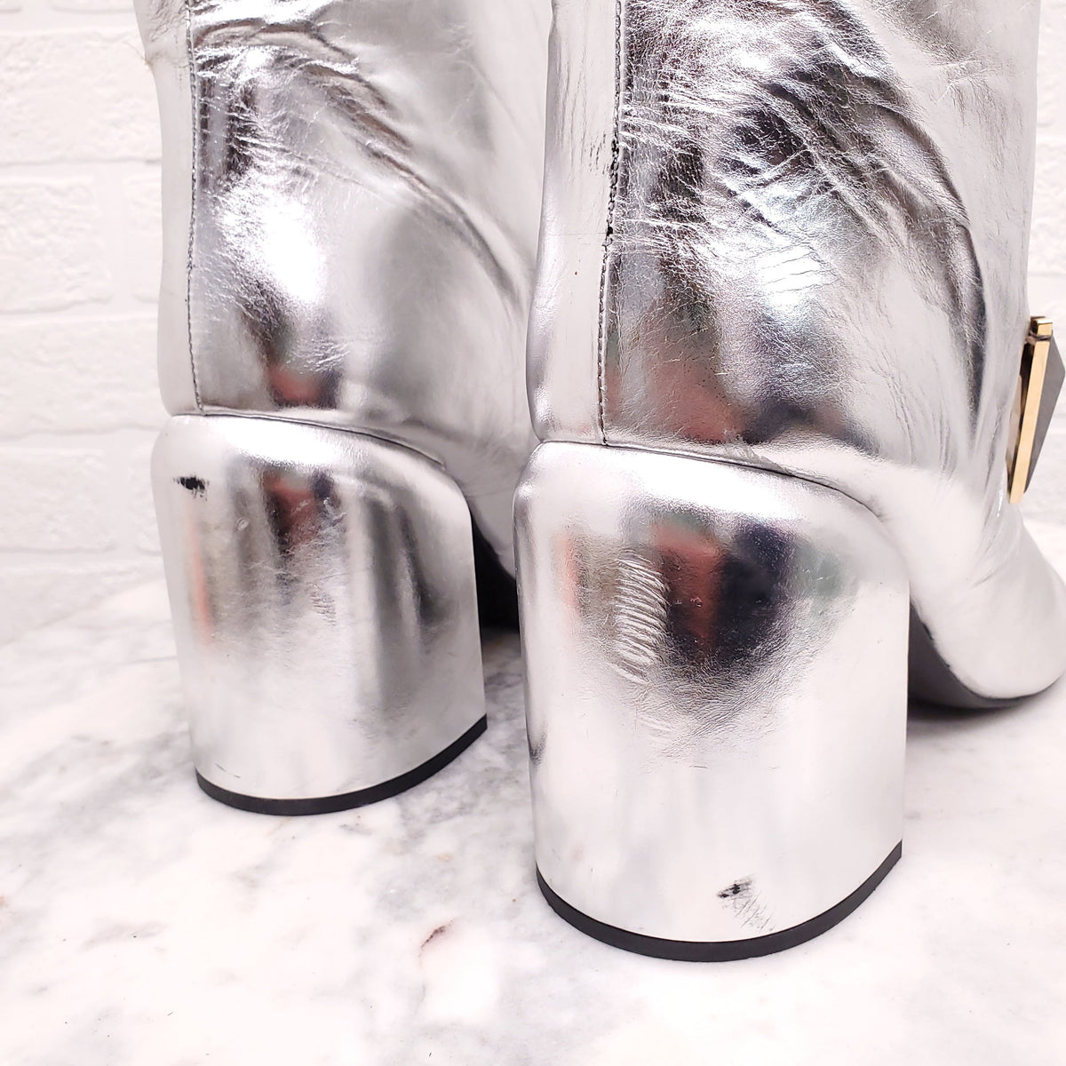 JIL SANDER SILVER BLOCK HEEL BOOTS WITH GEM DETAIL - SIZE 39