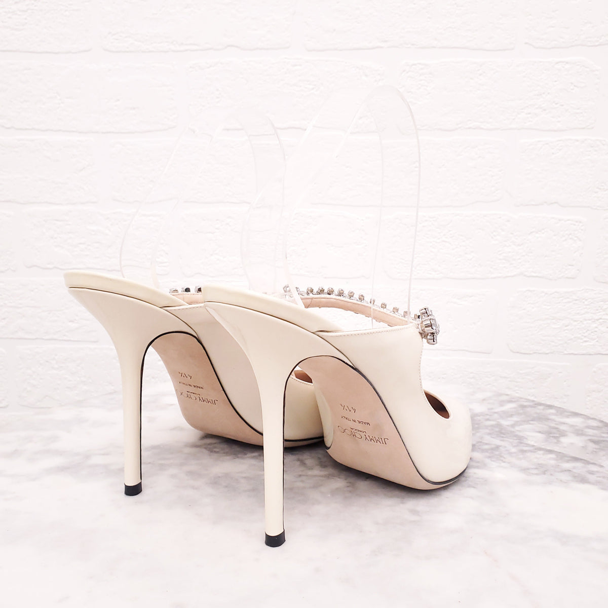 JIMMY CHOO CREAM PATENT CRYSTAL MULES - SIZE 41