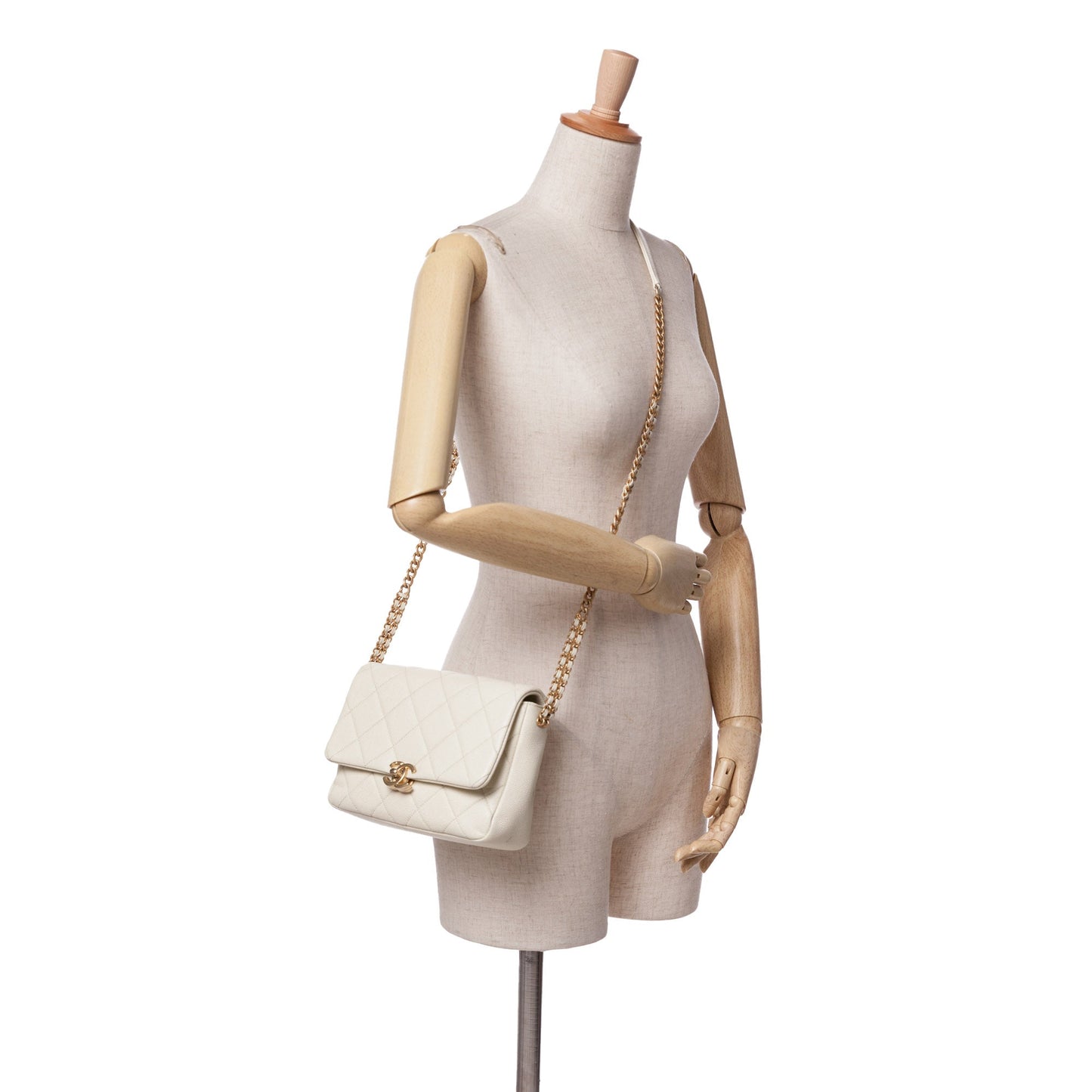 White Chanel Small Quilted Caviar Chain Melody Flap Crossbody Bag