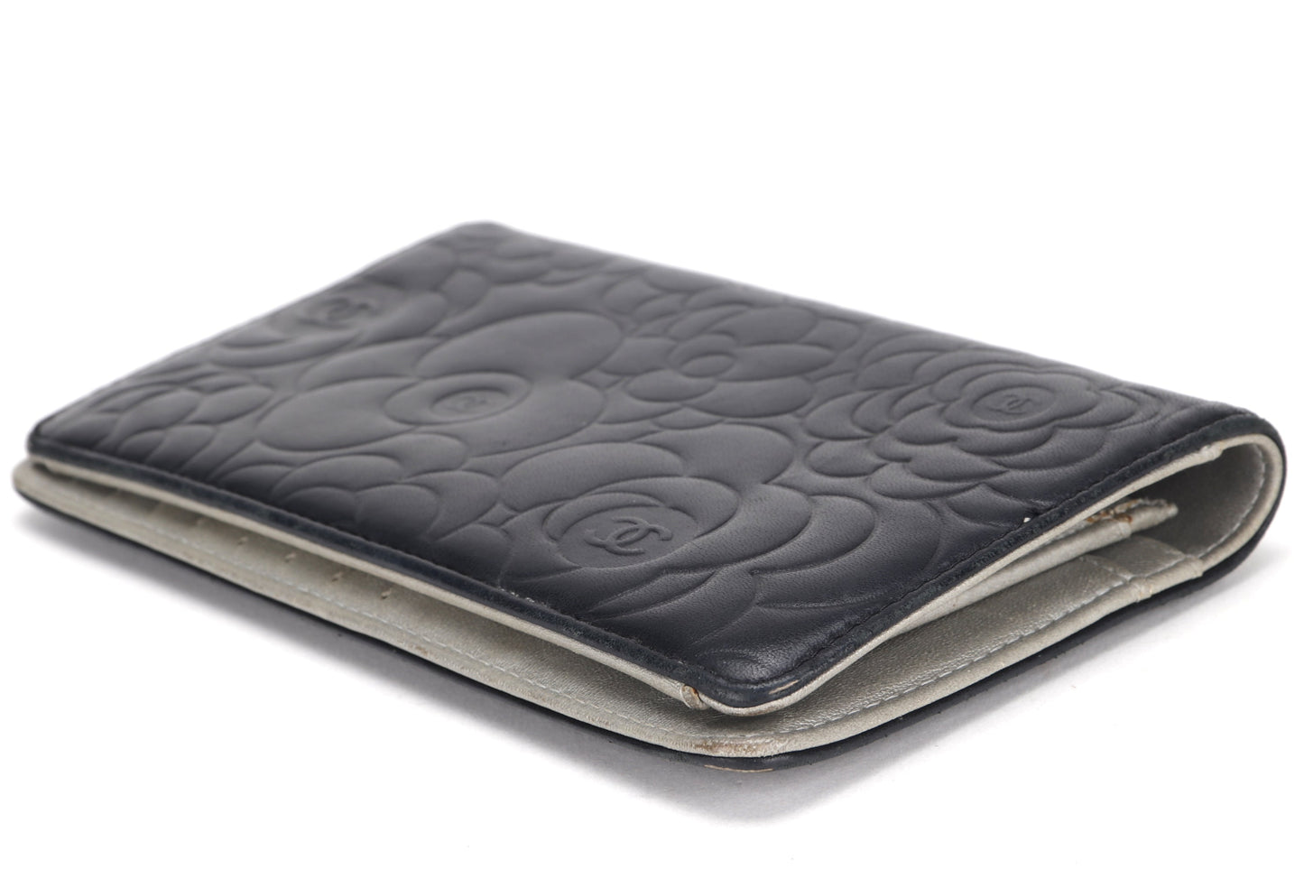 CHANEL CAMELLIA BLACK LAMBSKIN LEATHER LONG WALLET (1671xxxx) SILVER HARDWARE, WITH & BOX