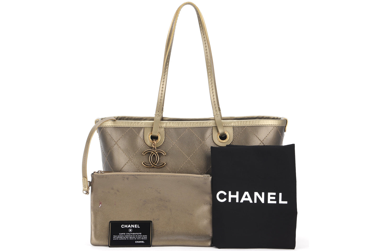 CHANEL SHOPPING FEVER TOTE (2032xxxx) WILD STITCH KHAKI CAVIAR LEATHER GOLD HARDWARE, WITH POUCH, , DUST COVER & BOX