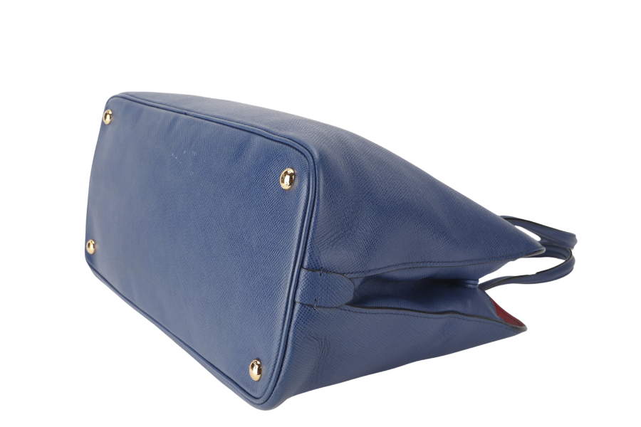 PRADA BLUE-RED SAFFIANO LEATHER DOUBLE HANDLE TOTE (BN2755) GOLD HARDWARE WITH STRAP, CARD AND DUST COVER