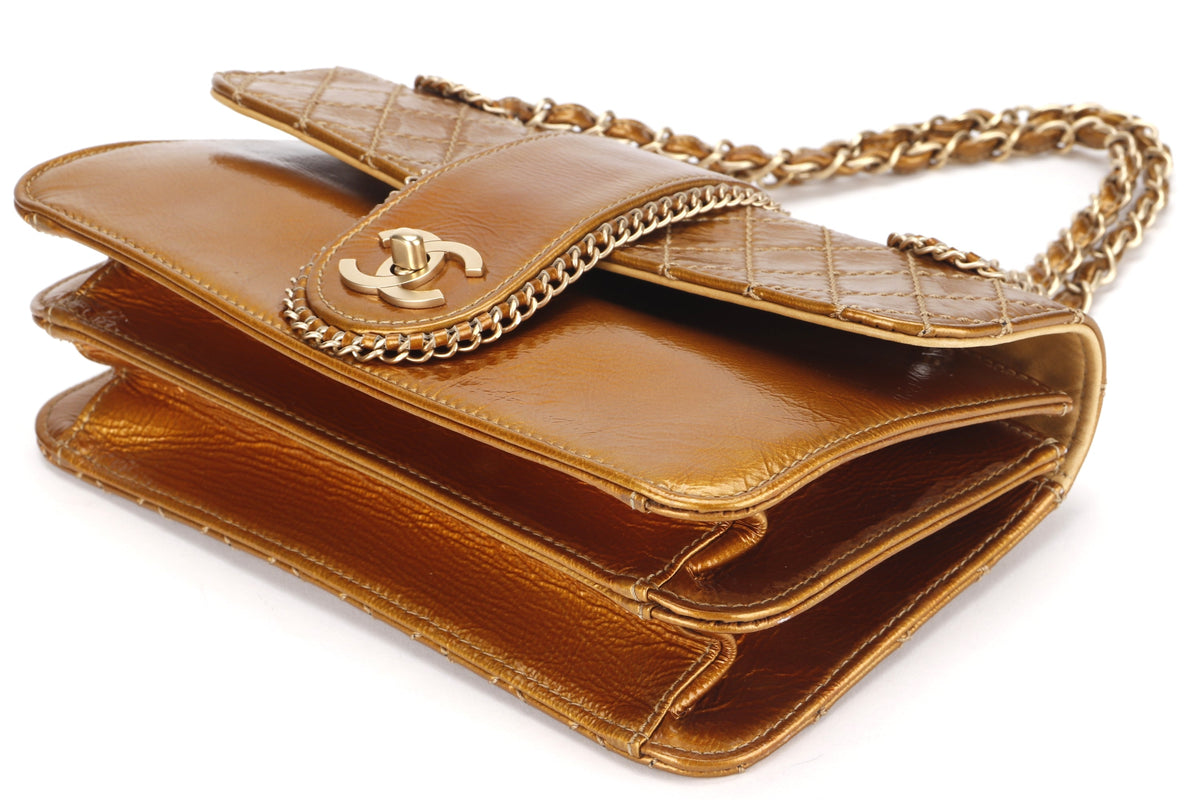 CHANEL MADISON FLAP BAG (1144xxxx) MEDIUM GOLD QUILTED PATENT LEATHER GOLD HARDWARE, NO & DUST COVER