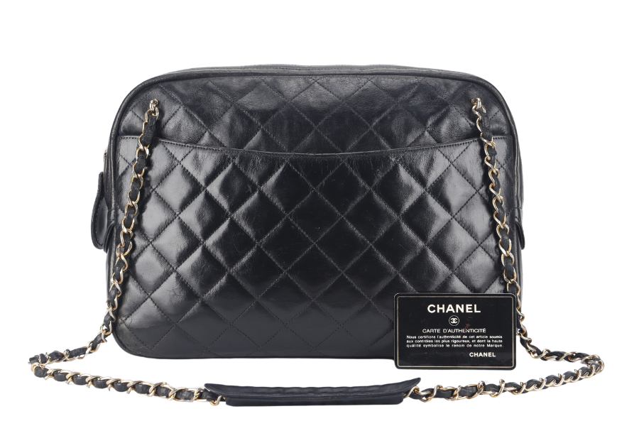 CHANEL VINTAGE CAMERA BAG (117xxxx) MEDIUM BLACK LAMBSKIN QUILTED GOLD HARDWARE NO DUST COVER