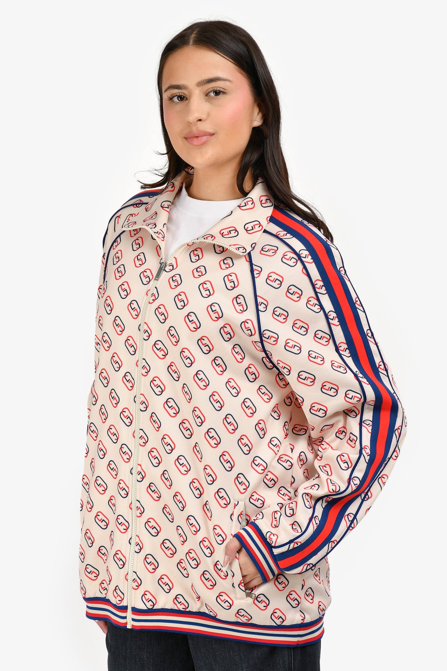 Gucci Cream Printed Web Zip-Up Track Jacket Size L Mens